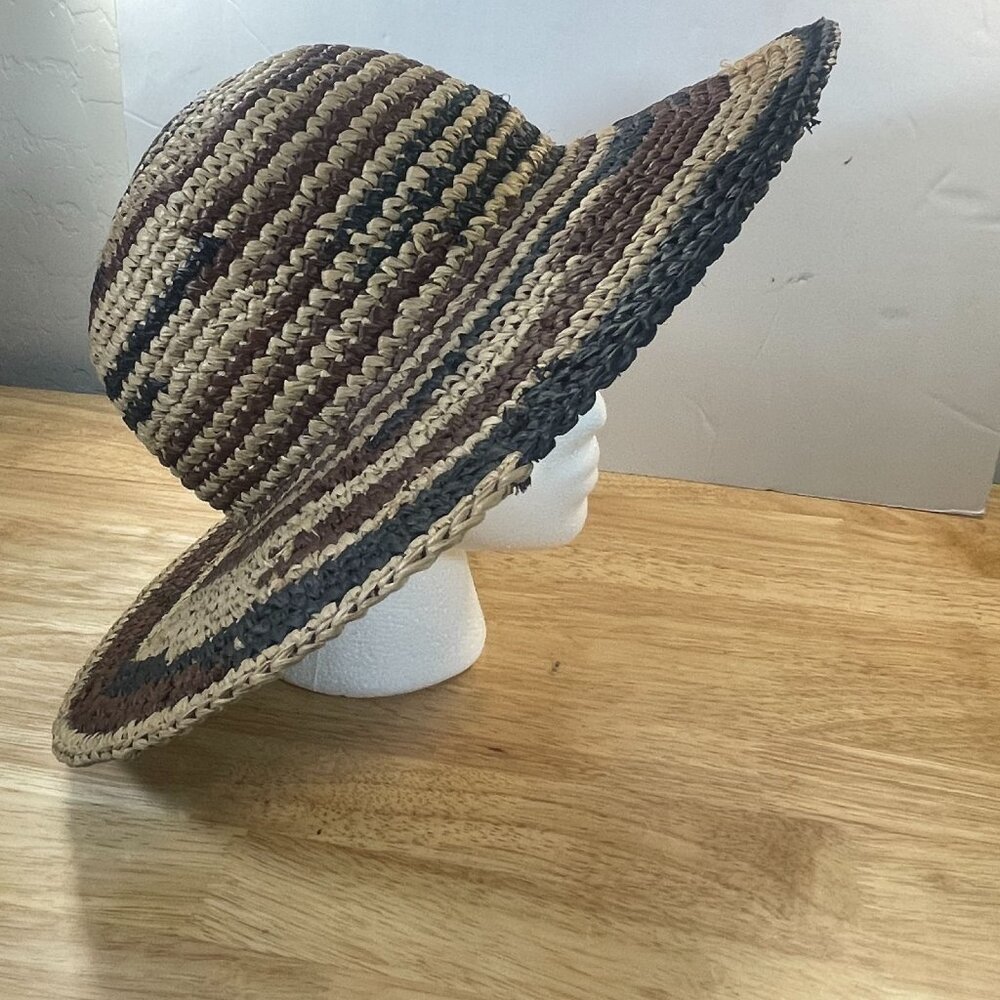 Nine West Striped Raffia Straw Floppy Beach Hat Women Brown Sun Wide Brim